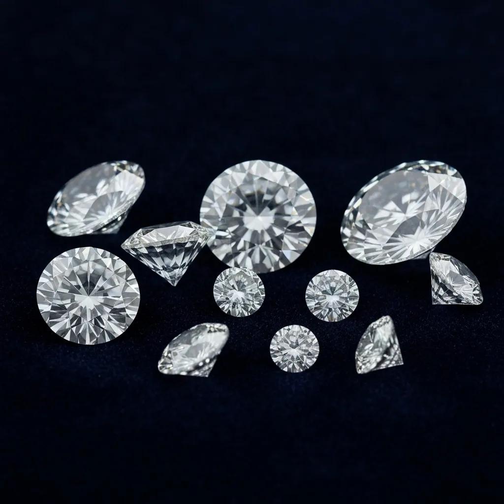 an Elegant Arrangement of White Diamonds in Various Cuts and Sizes Presented on Rich Velvet