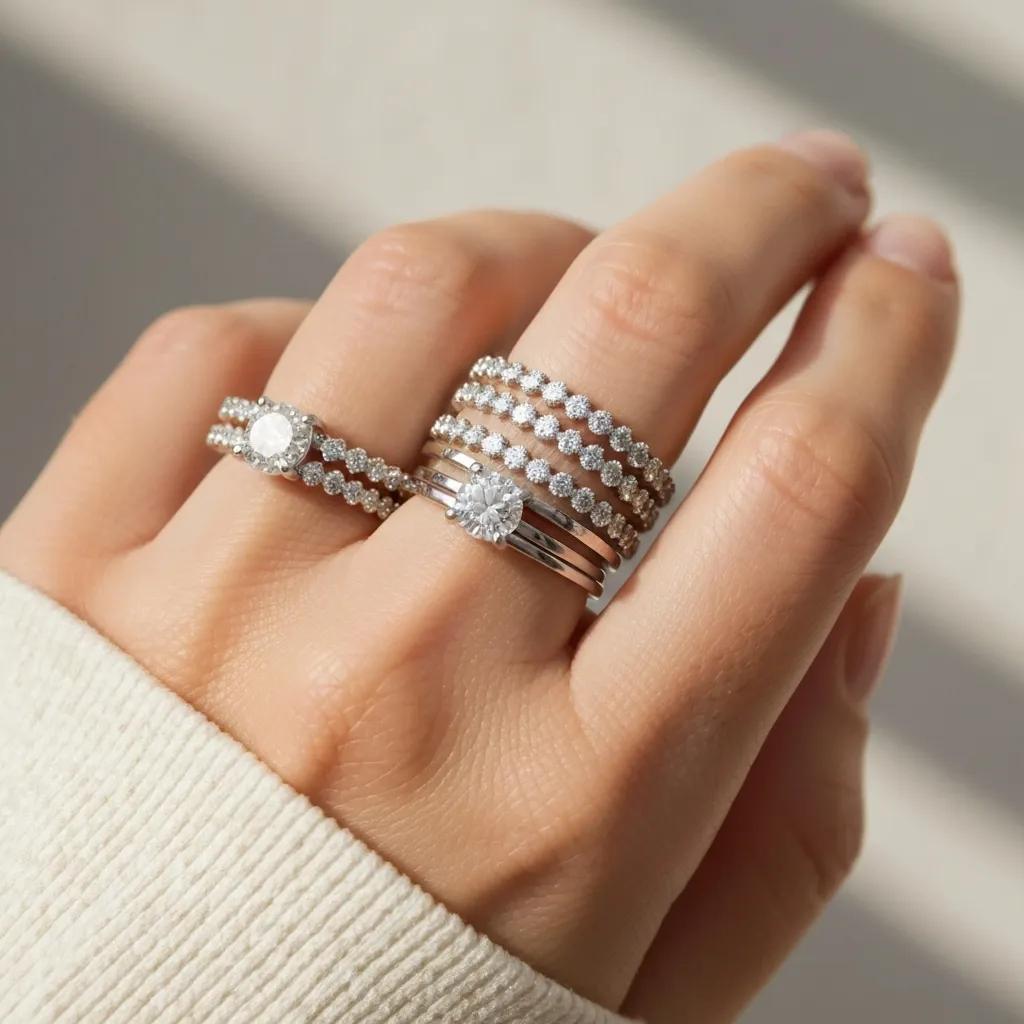 Stylish Hand Showcasing Stacked Eternity Band Engagement Ring and Wedding Band