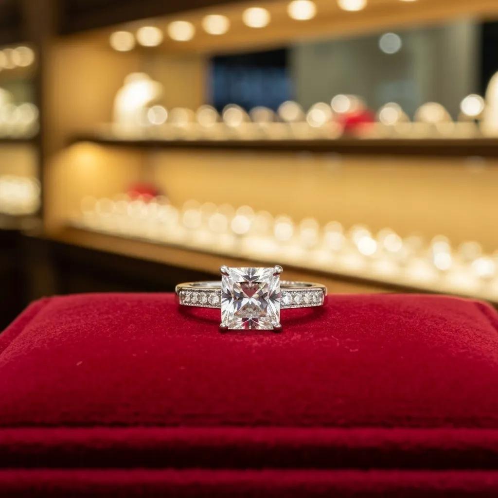94b53e37-a270-41bd-9254-e5634bb6c35d.jpg - Australian Diamond Company a Princess Cut Solitaire with Shoulder Diamonds on Red Velvet