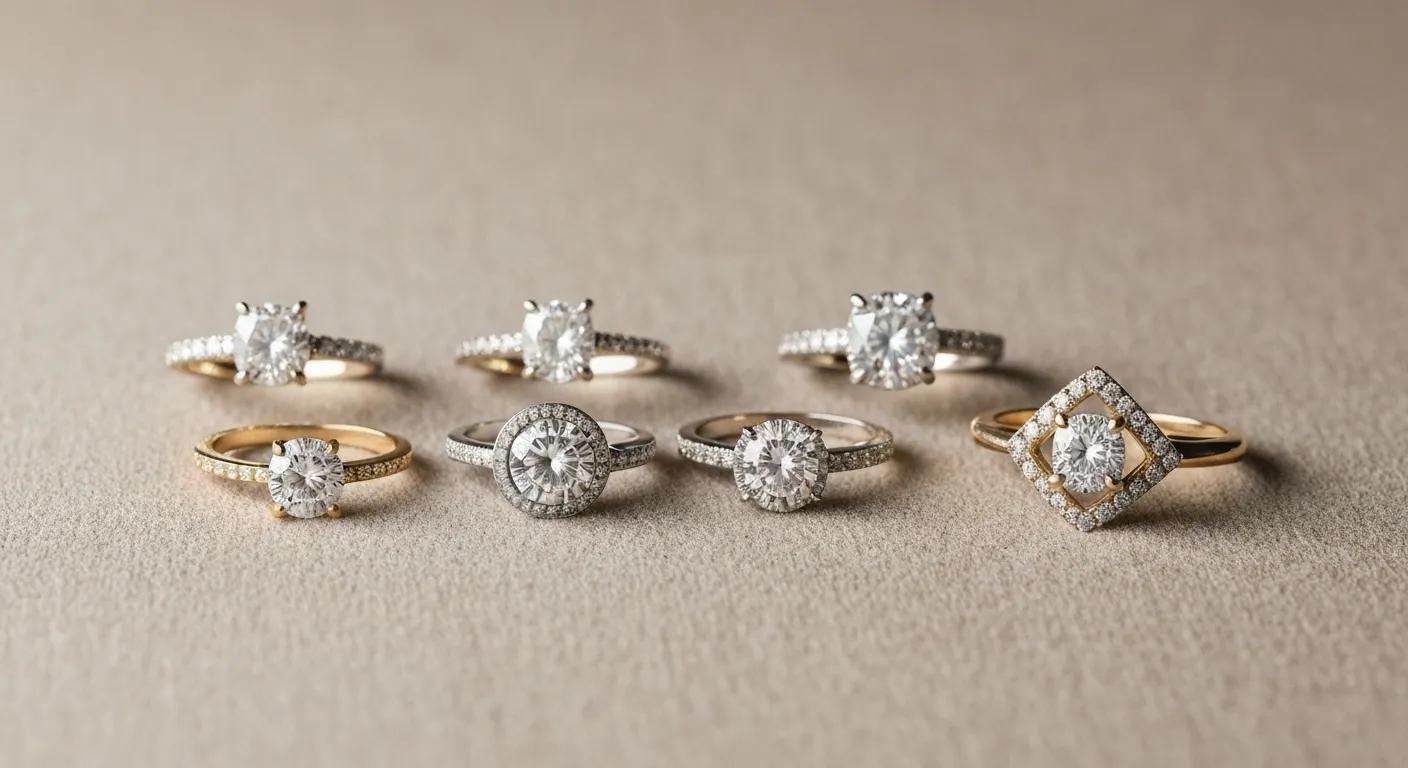 Various Engagement Rings Made from Gold Platinum and Palladium Displayed on a Soft Fabric Background