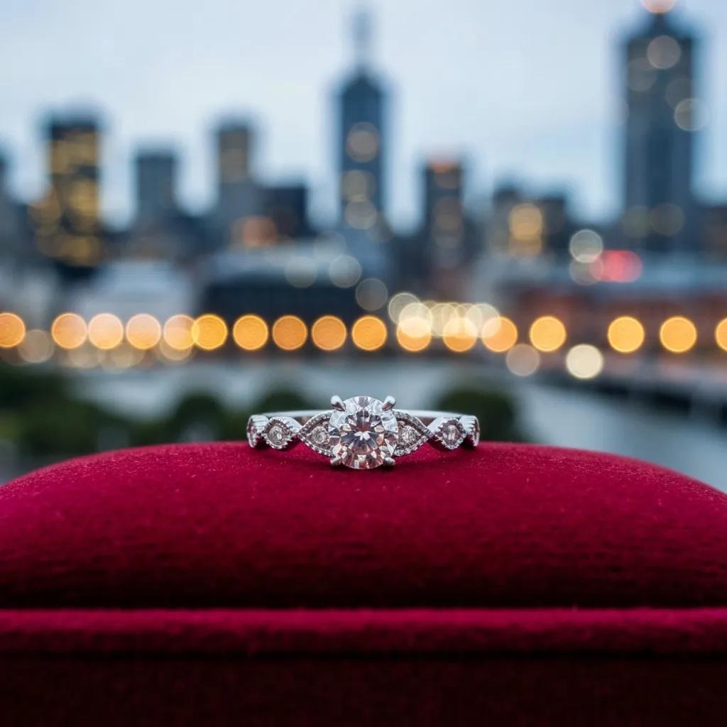 9de92229-9d85-4ac7-81df-cdc961291f63.jpg - Australian Diamond Company White Gold Engagement Ring with Round Brilliant Diamond and Side Details on Red Velvet with City Skyline Background