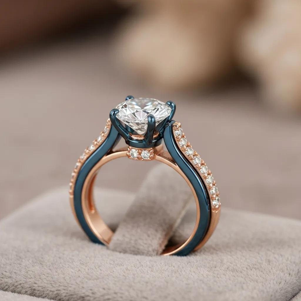 Engagement Ring Showcasing Various Metals with a Sparkling Diamond on a Velvet Surface 