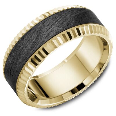 Atlas men’s wedding ring crafted with a rugged black forged carbon fibre inlay, flanked by precision-milled yellow gold edges in a gear-toothed profile modern industrial style with premium detailing.