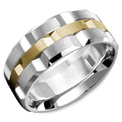 Obsidian gents wedding ring featuring bold geometric facets in high-polished white gold with yellow gold inlay