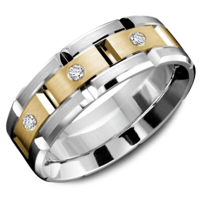 Hyperion gents wedding ring with contrasting white gold and yellow gold panels, set with three round brilliant cut diamonds