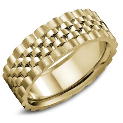 Kronos men's wedding band in yellow gold with woven centre and scalloped edges
