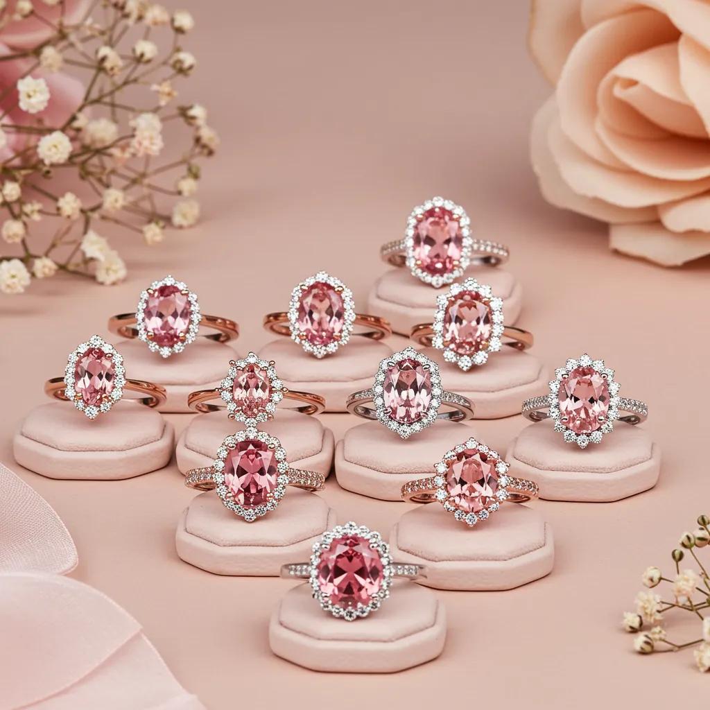 a Collection of Feminine Pink Sapphire Rings Displayed Elegantly Highlighting Their Romantic Appeal and Unique Styles