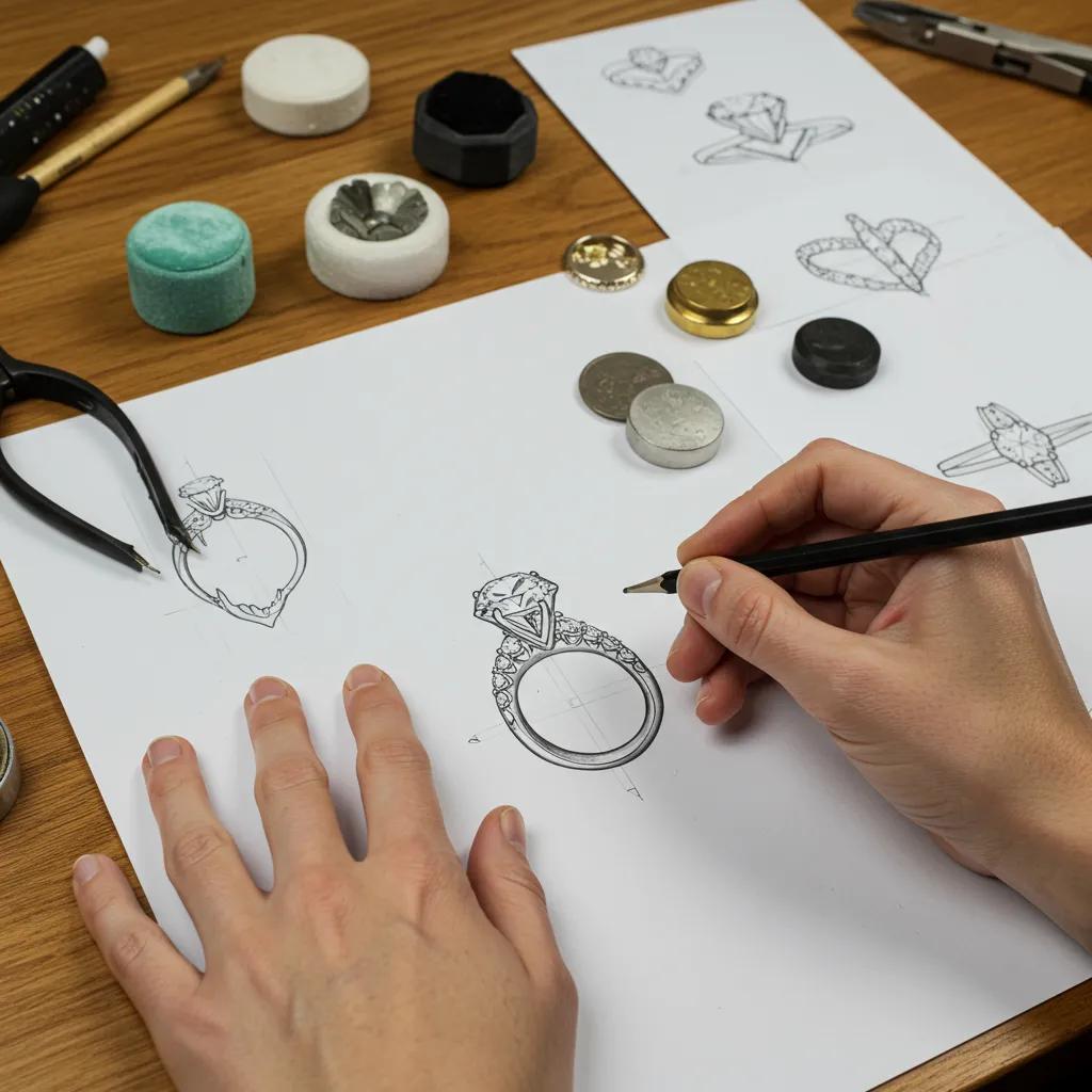 a Skilled Jeweler Meticulously Crafting a Custom Engagement Ring Illustrating the Creative Journey Through Sketches and Advanced Cad Models