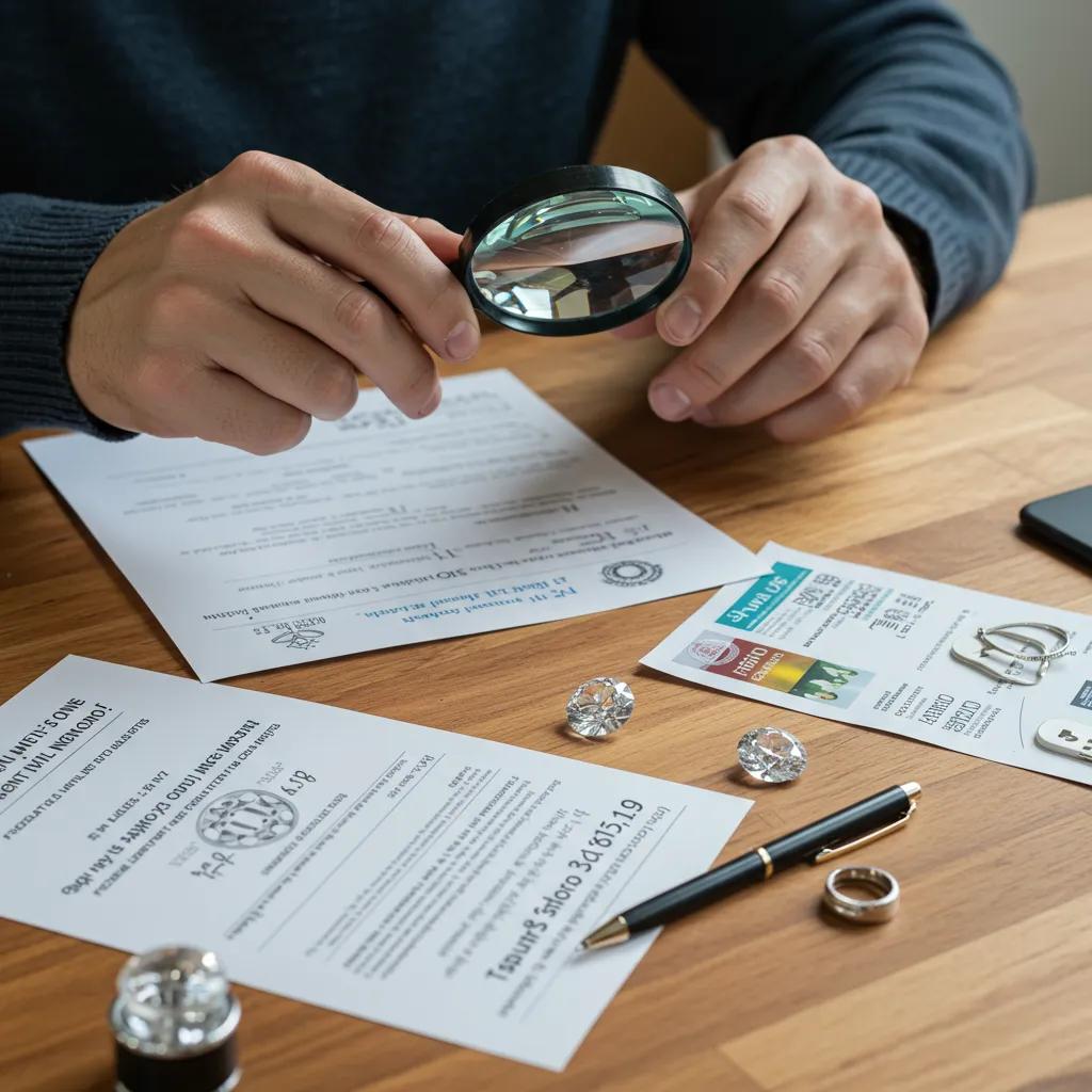 a Jeweller Meticulously Examining a Diamond Alongside Its Certification Papers Symbolising the Importance of Ethical Sourcing and Conflict free Diamonds