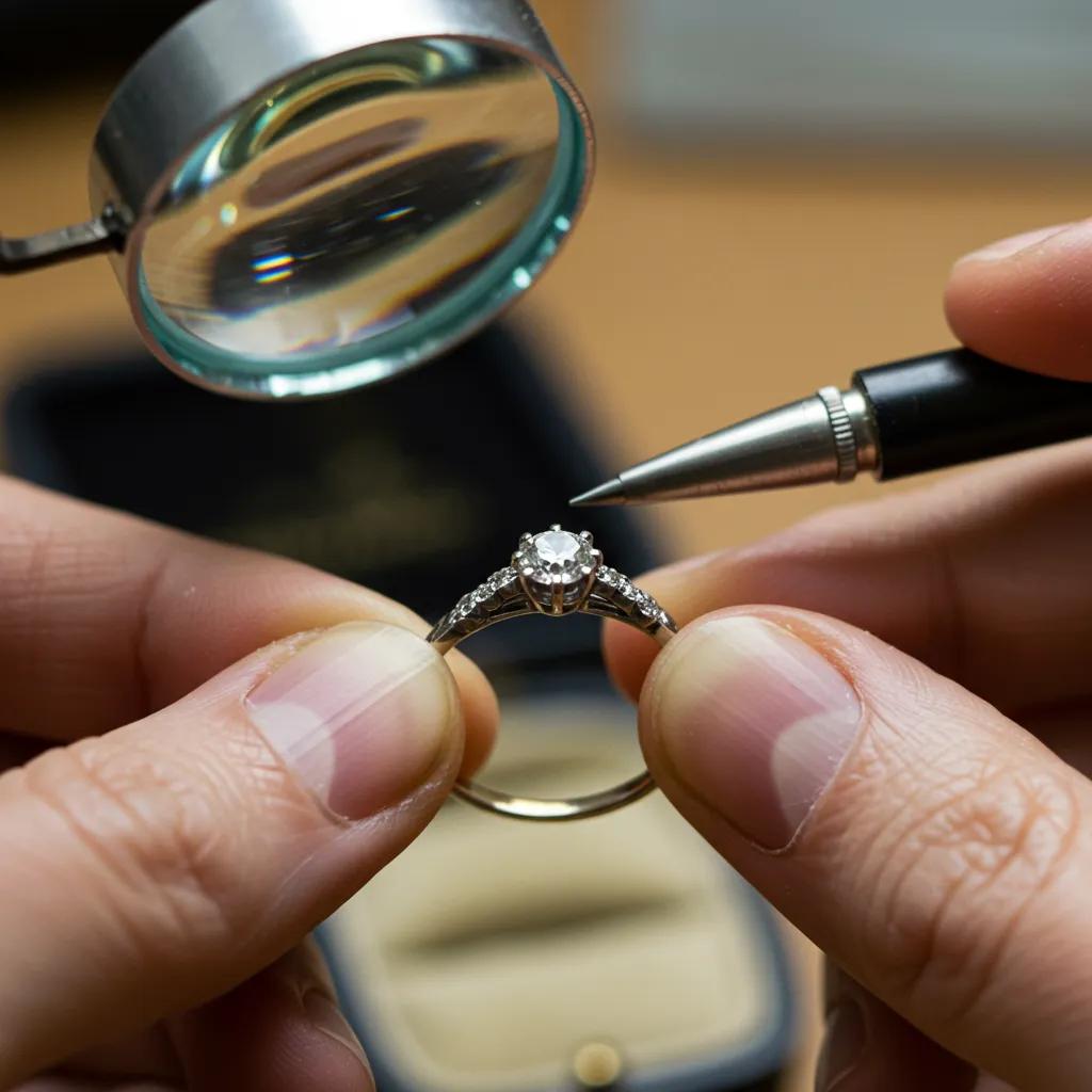 a Skilled Jeweler Meticulously Examining a Vintage Engagement Ring to Verify Its Authenticity and Assess Its Quality