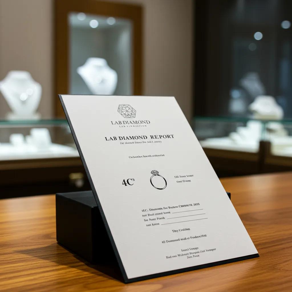 a Lab Diamond Certification Report on a Wooden Desk Showcasing the 4cs Grading and Lab Logo Symbolizing Trust and Quality Assurance