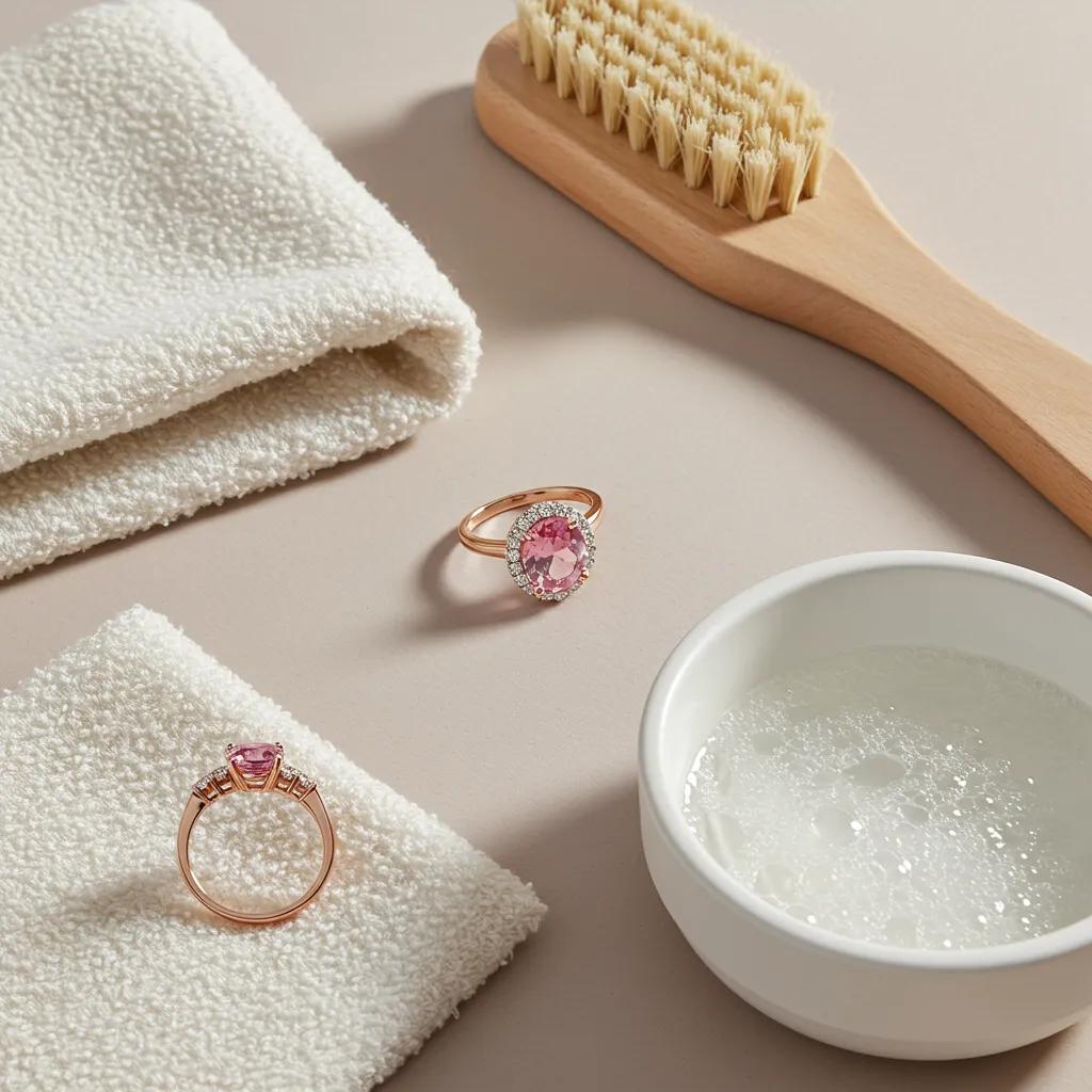 a Pink Sapphire Ring Being Cleaned with a Soft Cloth and Warm Soapy Water Illustrating Proper Maintenance Techniques for Fine Jewelry