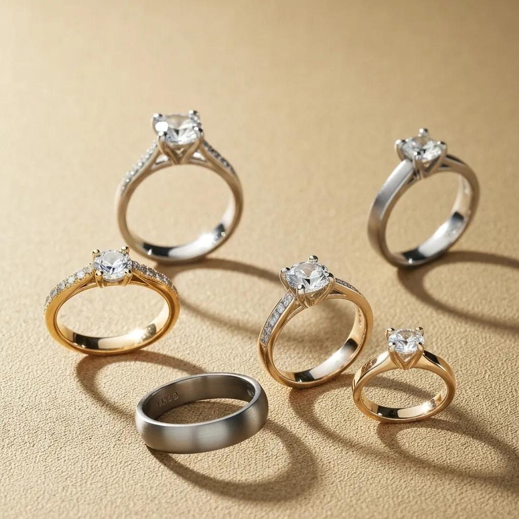 Engagement Rings Made from Platinum Gold and Titanium Showcasing Different Styles and Finishes