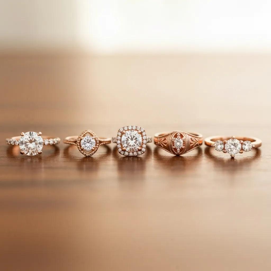 a7426114-be6f-43d0-8800-bd59426dfee6.jpg - Australian Diamond Company Variety of Popular Rose Gold Engagement Ring Styles on Wooden Surface