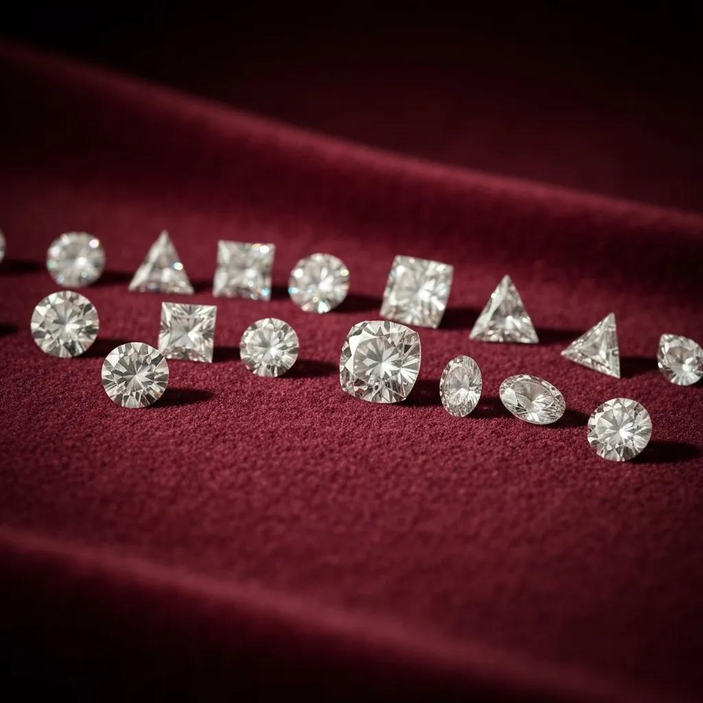 a9ba962c-48ac-4cb6-84b6-159a55a84b15.jpg - Australian Diamond Company Various Diamond Shapes Including Round Princess Oval and Cushion Cuts Displayed on a Velvet Background Emphasizing Their Brilliance and Beauty