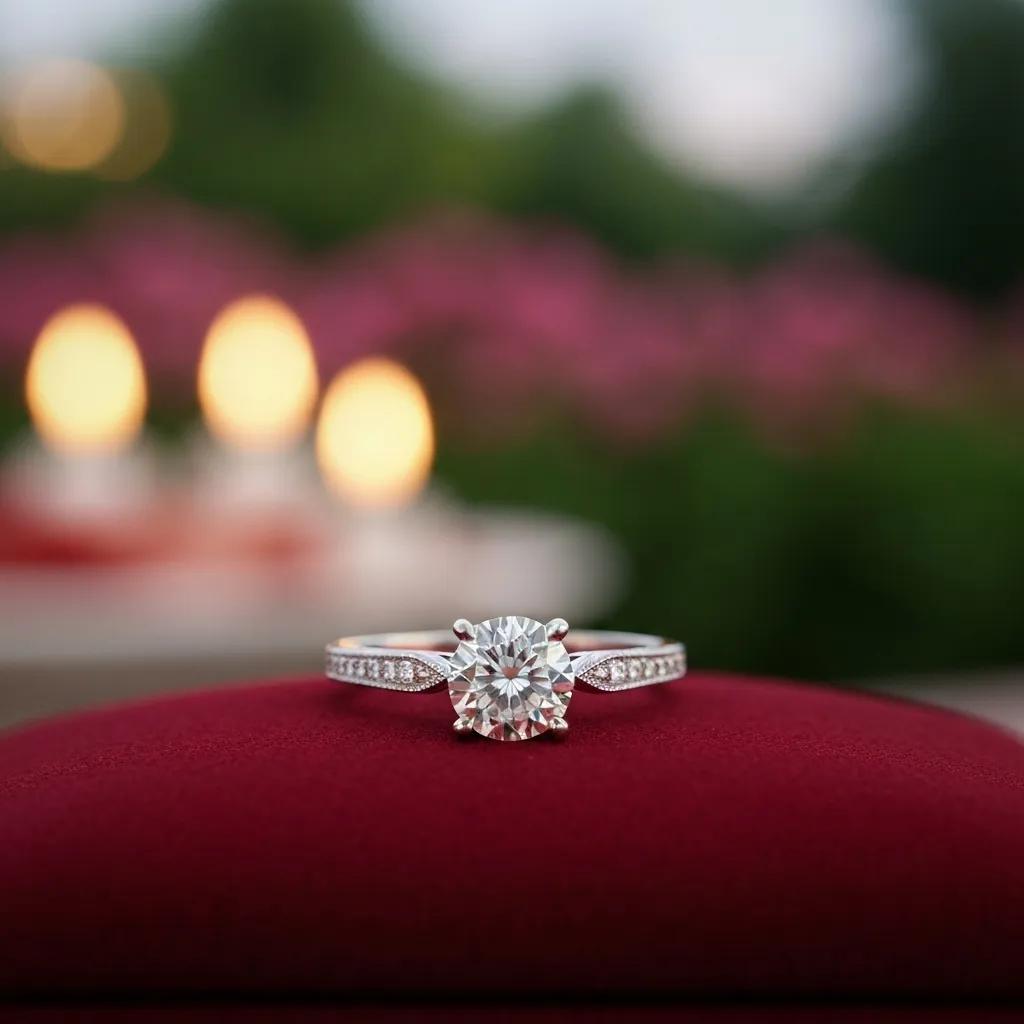 af6b26cd-e1f9-4aa9-a1c2-474a99ffbd2f.jpg - Australian Diamond Company White Gold Engagement Ring Laying on Its Side on Red Velvet