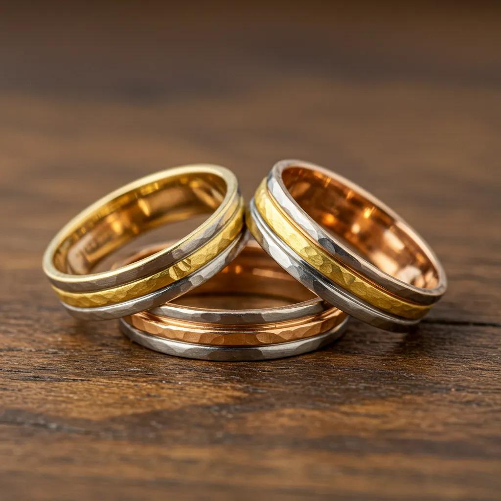 artistic-arrangement-of-mixed-metal-wedding-bands-showcasing-yellow-white-and-rose-gold-9032545f-1d1e-4637-941e-43712194464djpg - Australian Diamond Company Artistic Arrangement of Mixed Metal Wedding Bands Showcasing Yellow White and Rose Gold