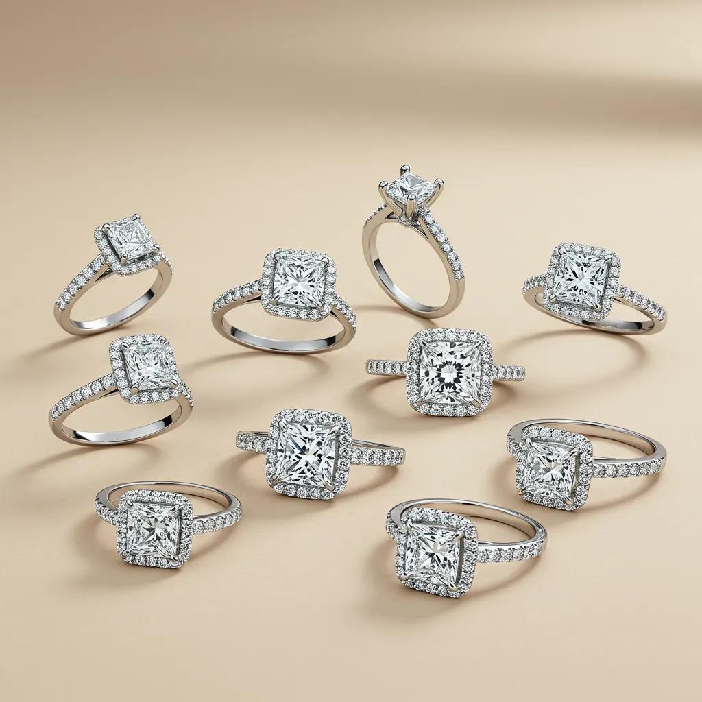 Artistic Display of Different Engagement Ring Settings for Princess Cut Diamonds Showcasing Their Unique Designs