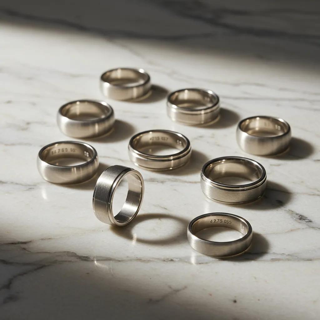 an Artistic Arrangement Showcasing Various Men's Wedding Band Styles Including Domed Flat and Concave Profiles Presented on a Polished Marble Surface