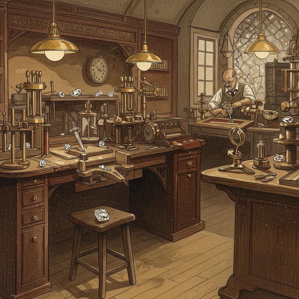 an Artistic Depiction of an Old world Diamond Cutting Workshop Hinting at the Rich History of the Asscher Cut Diamond