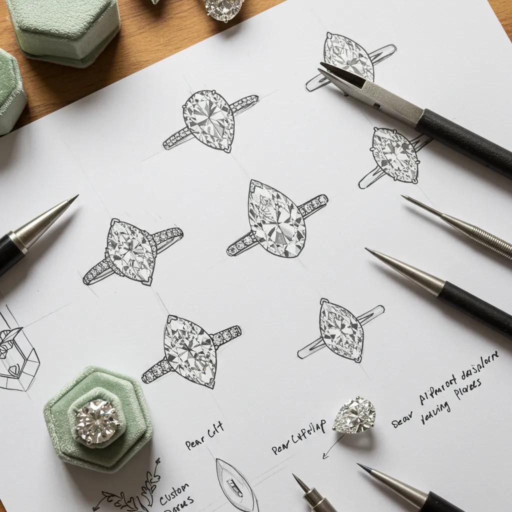 an Artistic Depiction of the Custom Pear Cut Diamond Ring Design Process Featuring Sketches and Design Tools