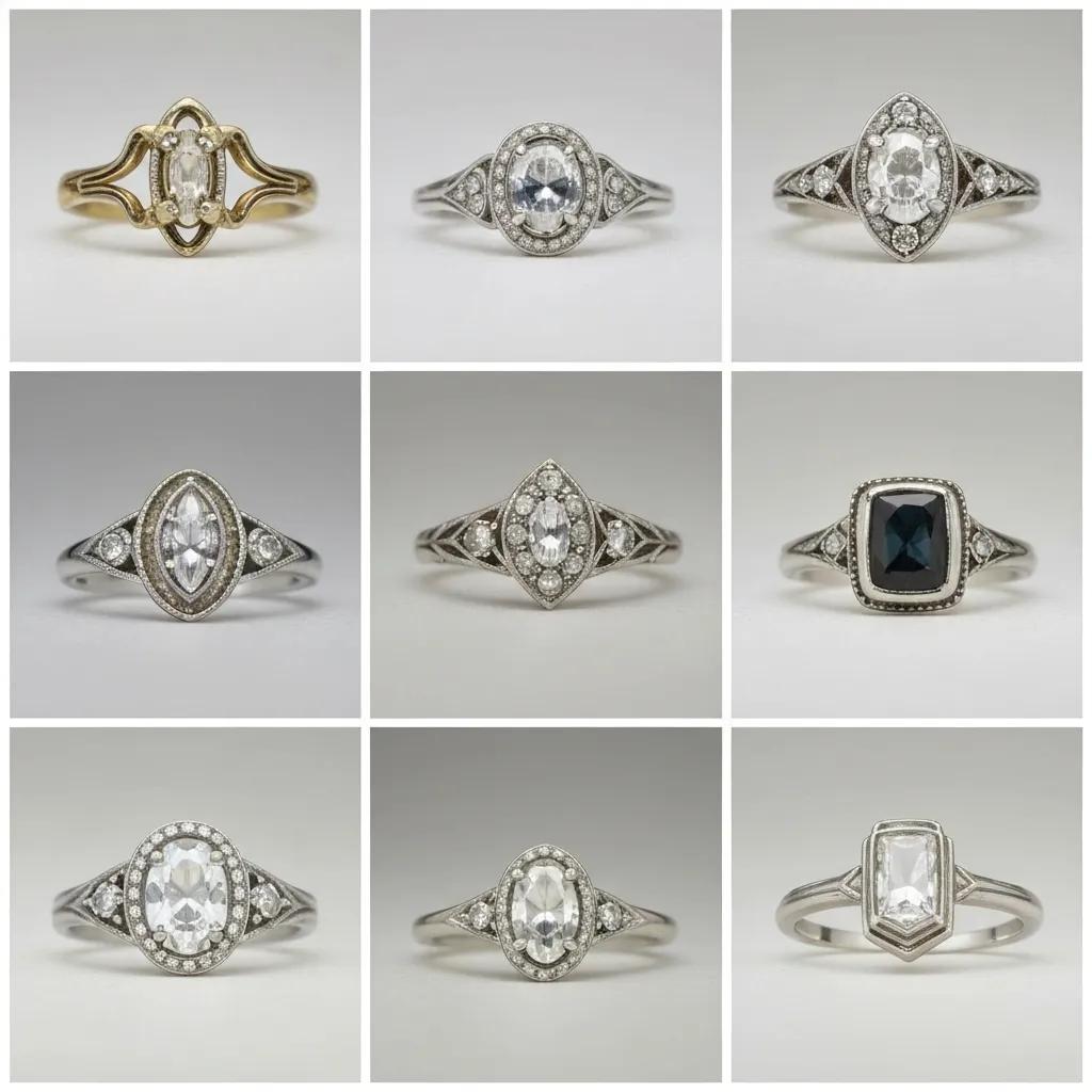 Collage of Vintage Engagement Rings from Victorian Edwardian and Art Deco Eras Showcasing Unique Designs
