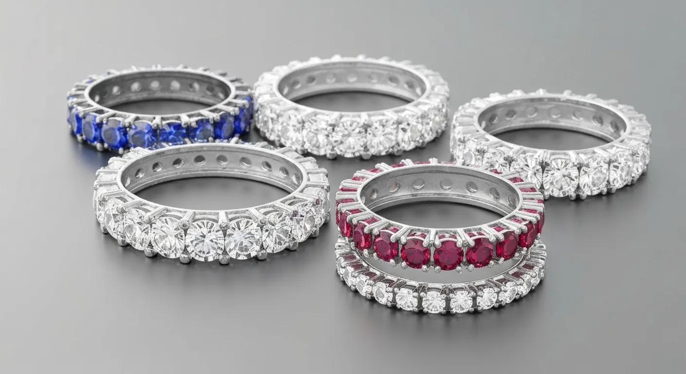 Close up of Different Gemstone Settings for Eternity Bands Highlighting Their Brilliance and Design