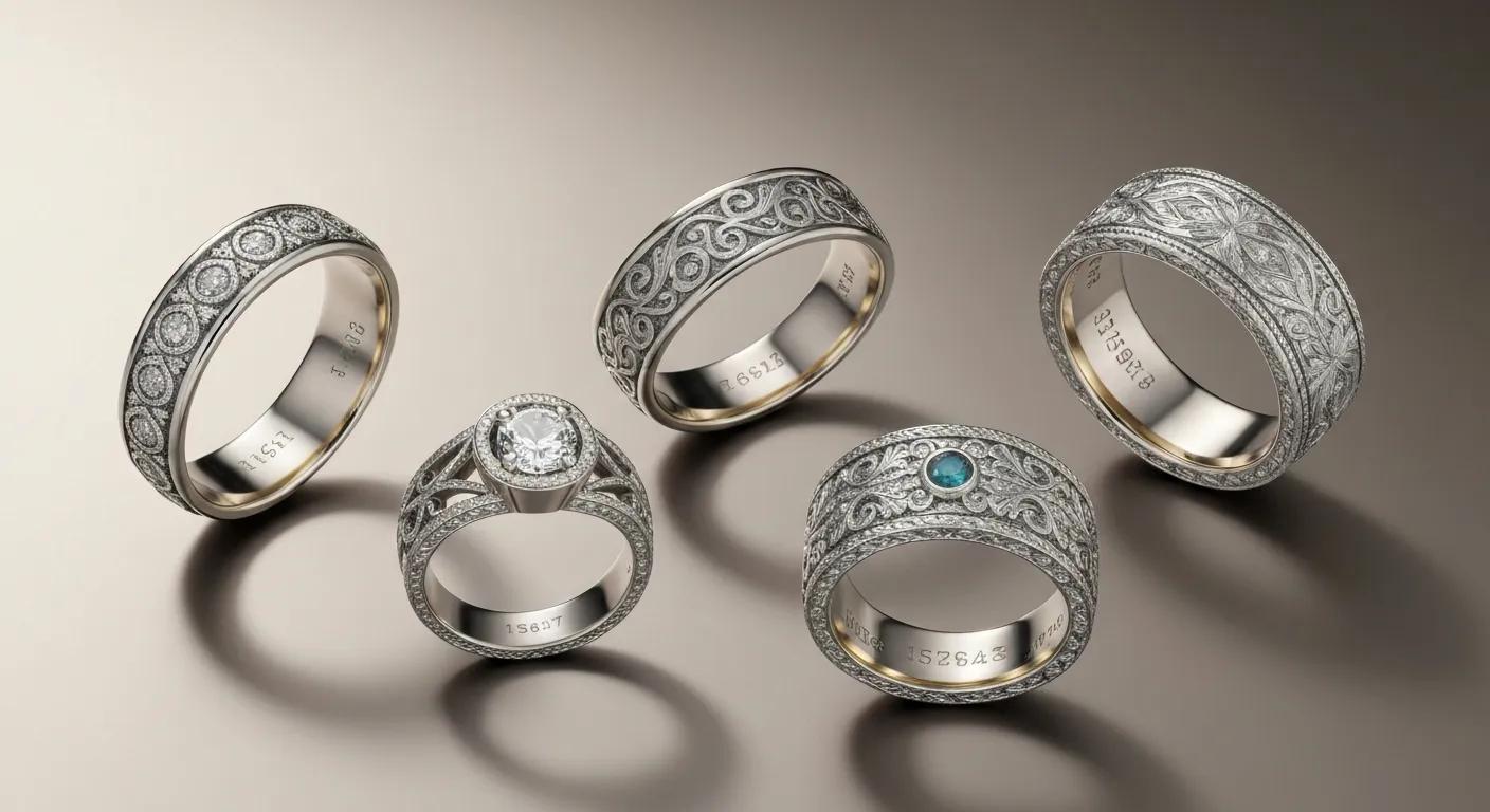 bc74e2c9-e53e-4743-a303-9496d699f346.jpg - Australian Diamond Company Collection of Vintage Style Rings with Intricate Engraved Patterns and Gemstone Accents