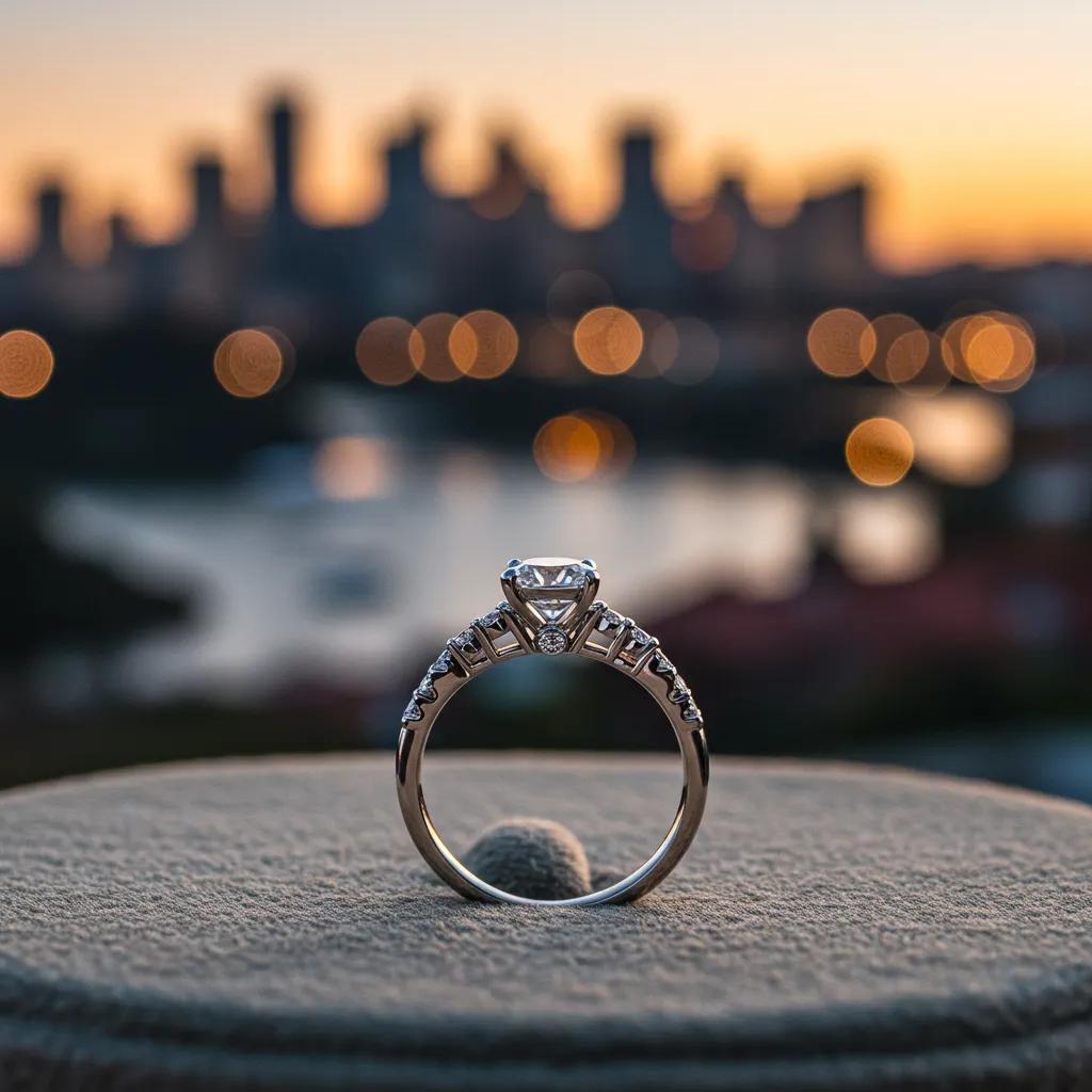 bespoke engagement ring with diamond in front of sydney skyline at sunset - Australian Diamond Company Bespoke Engagement Ring with Diamond in Front of Sydney Skyline at Sunset