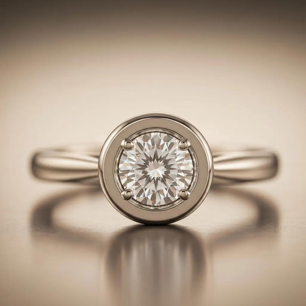 bfd8b4a8-a047-488d-aa78-6888e64938f8.jpg - Australian Diamond Company Close up of a Bezel Setting Engagement Ring with a Round Diamond Highlighting Security and Modern Design