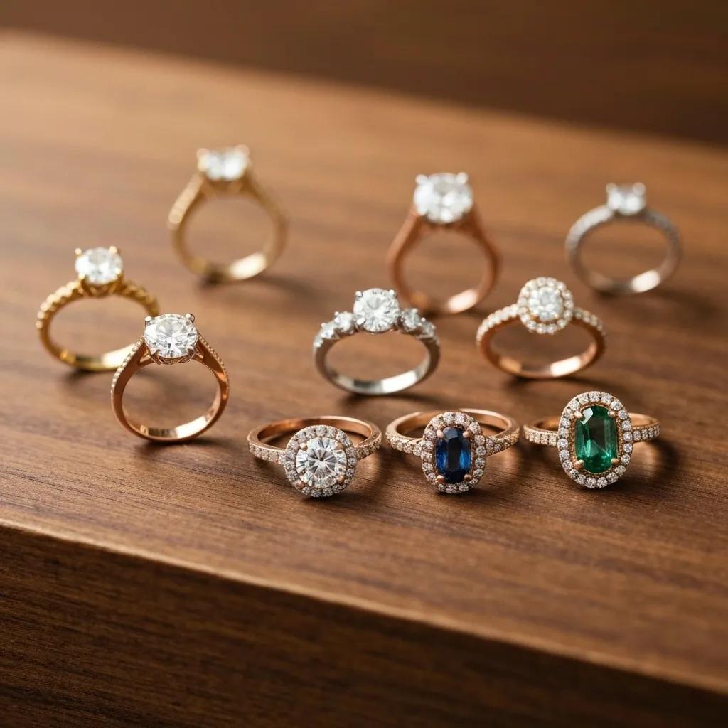 c0db5d70-f3ac-482c-bded-4fa893f55512.jpg - Australian Diamond Company Collection of Popular Engagement Ring Styles Including Classic Modern and Vintage Designs Displayed on a Wooden Surface