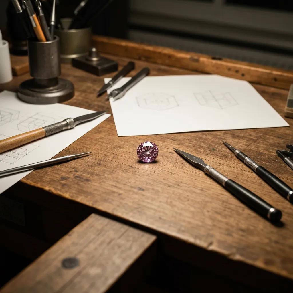 a Jeweller's Meticulously Organised Workspace Featuring Tools and an Argyle Pink Diamond Illustrating the Bespoke Design Process
