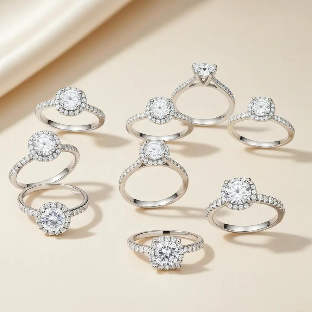 a Collection of Affordable Engagement Ring Settings Including Halo Solitaire and Pavé Styles Emphasizing Luxury and Budget friendliness