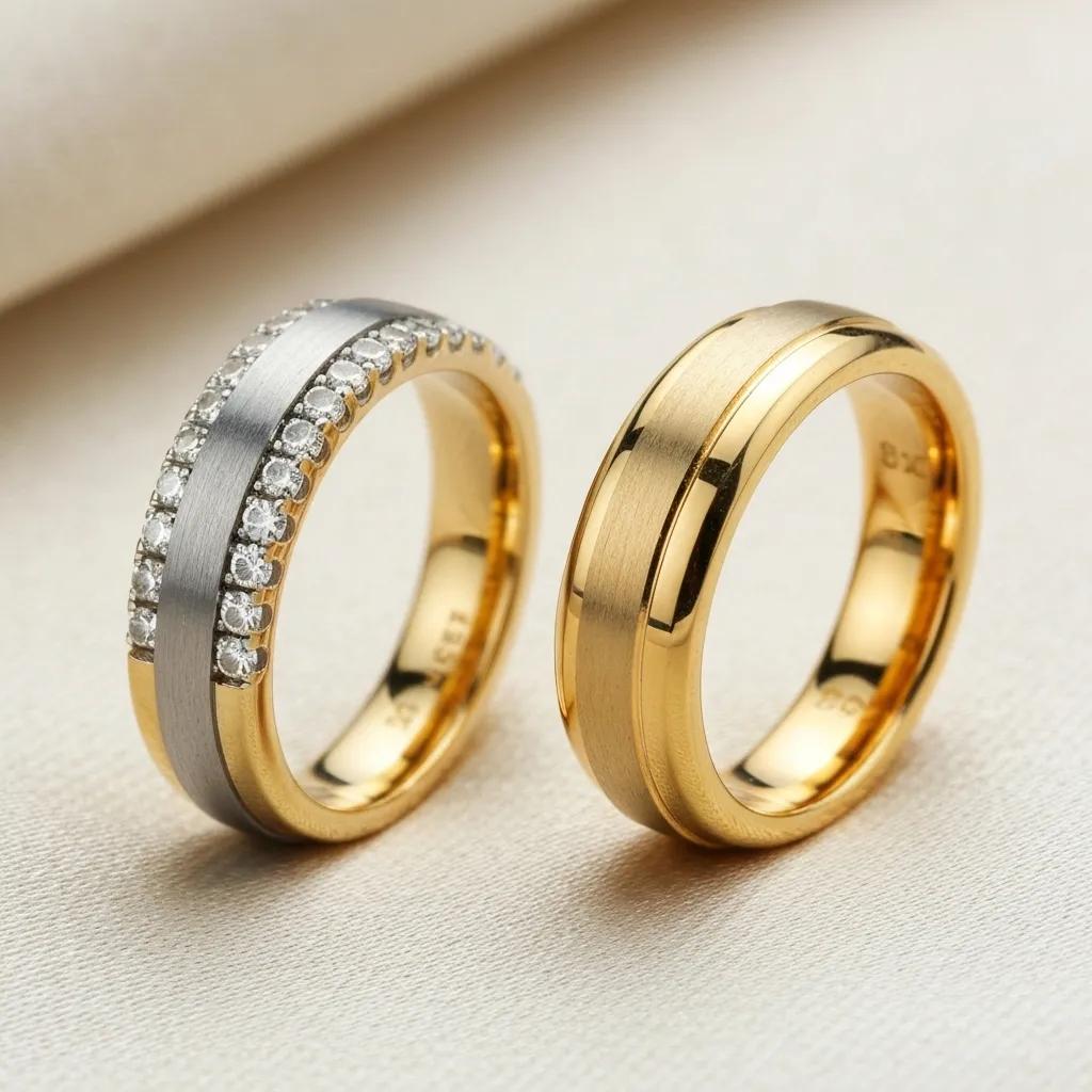c52fb18d-db89-48de-9e29-1f8d9115a6ca.jpg - Australian Diamond Company His and Hers Gold Wedding Bands Side by Side