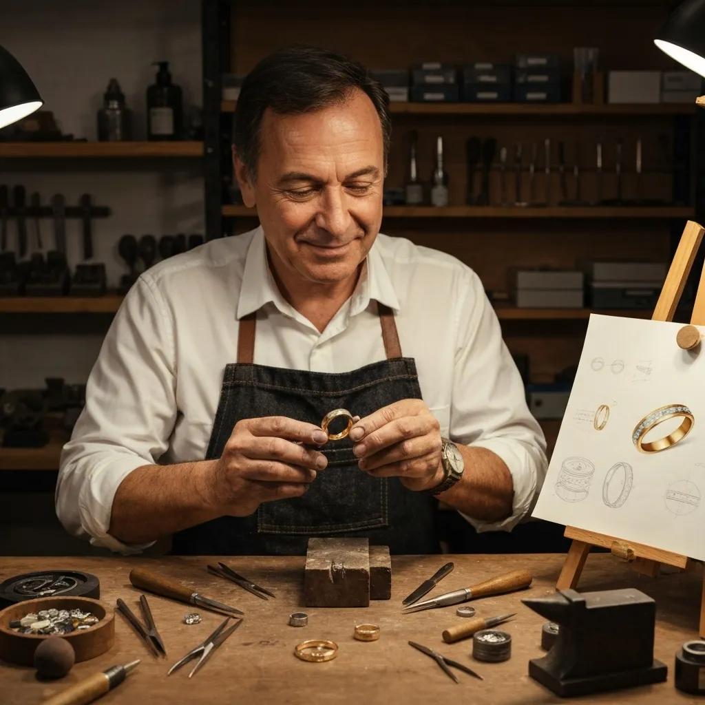 c655f424-1d88-4877-9c8a-90aa0c06ff8d.jpg - Australian Diamond Company Artisan Jeweller Crafting a Custom Wedding Band with Tools and Design Sketches in the Background