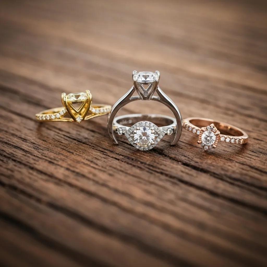 Close up of Yellow Gold White Gold and Rose Gold Engagement Rings Highlighting Their Colour Differences