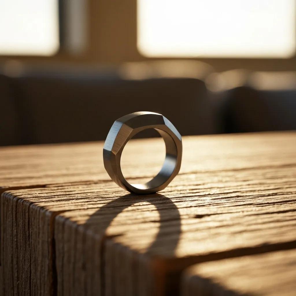Titanium Engagement Ring on a Wooden Surface Emphasising Its Modern Design and Durability