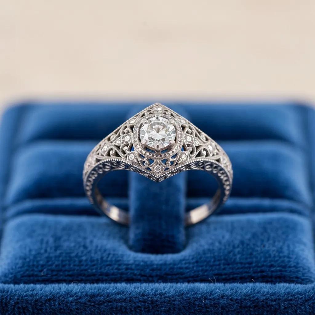 Elegant Vintage Engagement Ring with Intricate Filigree and Diamond Centerpiece on Velvet