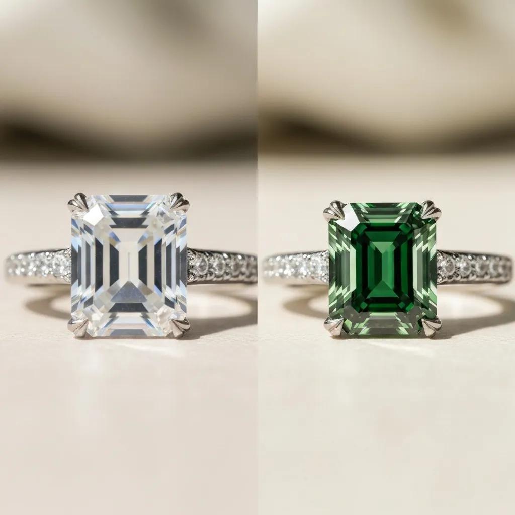 cfbcd438-524e-4b67-ac03-8a7be47100ca.jpg - Australian Diamond Company Comparison of Emerald Cut Moissanite and Diamond Showcasing Visual Differences in Sparkle