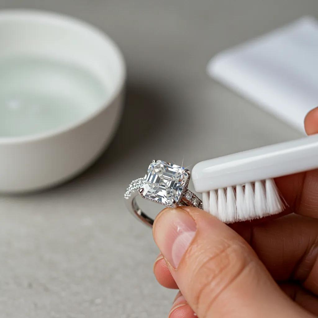cleaning-an-asscher-cut-diamond-ring-with-a-soft-brush-and-warm-water-7a604ec5-71bd-41ed-a141-247994f3134fjpg - Australian Diamond Company Gentle Cleaning of an Asscher Cut Diamond Ring Using a Soft Brush and Lukewarm Water
