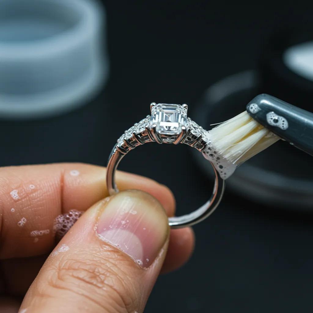 cleaning-an-emerald-cut-diamond-ring-with-a-soft-brush-and-soapy-water-7ee43683-7ab4-4d13-b6d8-e5195cda8cc8jpg - Australian Diamond Company Cleaning an Emerald Cut Diamond Ring with a Soft Brush and Soapy Water