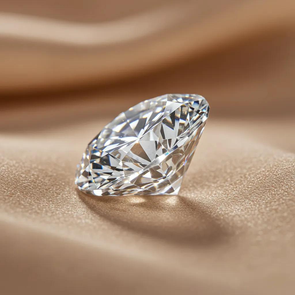 Close Up of a Brilliant Round Cut Diamond on Soft Fabric Showcasing Its Sparkle and Clarity