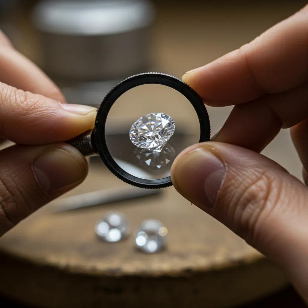 close-up-of-a-diamond-under-a-loupe-highlighting-the-4cs-of-diamond-quality-b41d1535-8d79-4904-9e7f-6f25520f3087webp - Australian Diamond Company a Detailed Close up of a Diamond Examined Under a Jeweller's loupe, illustrating the 4Cs of diamond grading