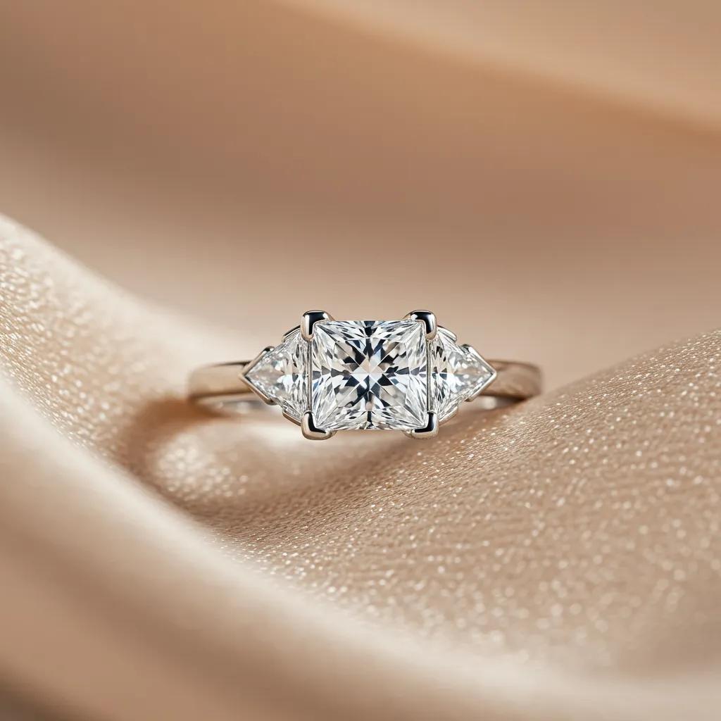 Close Up of a Modern Princess Cut Diamond Engagement Ring on Soft Fabric Highlighting Its Brilliance and Geometric Design