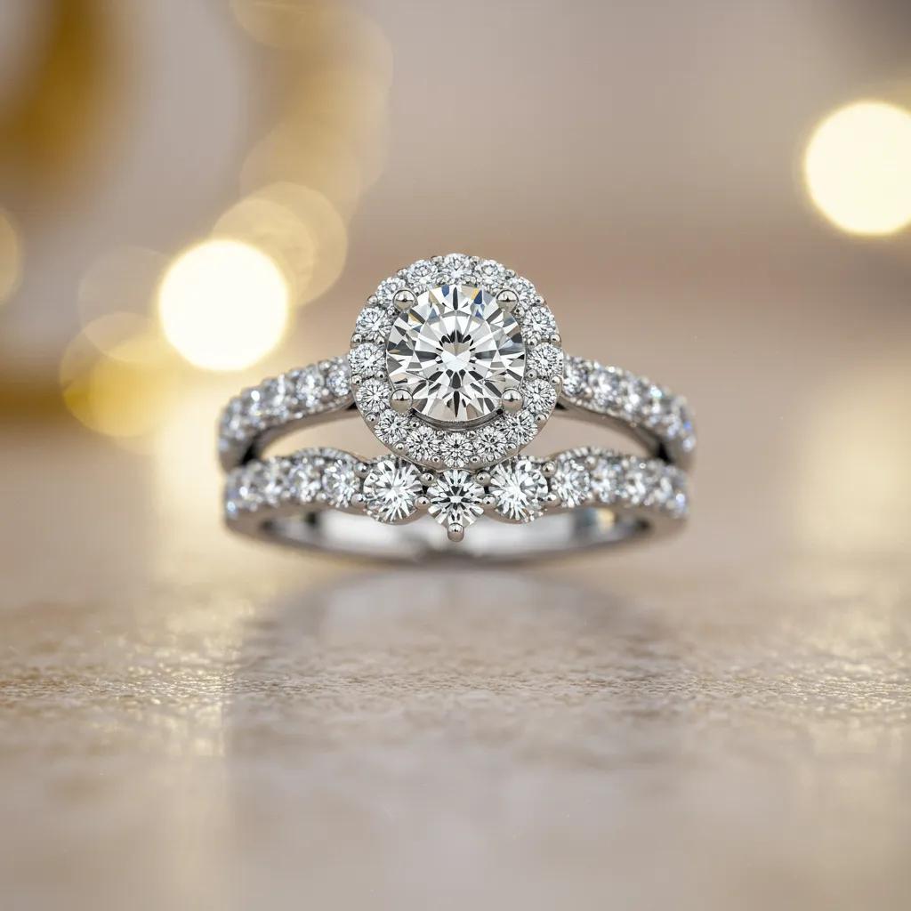close up of a sparkling halo engagement ring with a central diamond and accent stones - Australian Diamond Company Close Up of a Sparkling Halo Engagement Ring with a Central Diamond and Accent Stones