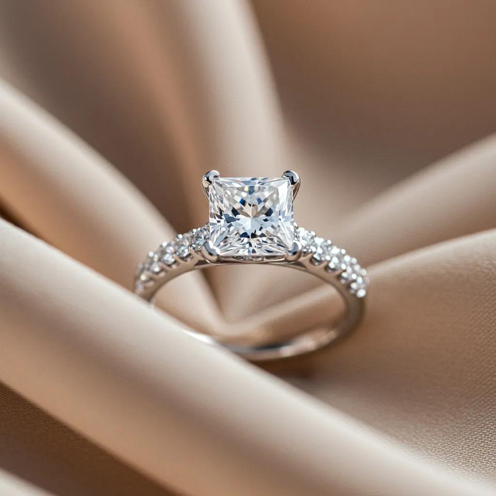 Close Up of a Sparkling Princess Cut Diamond Engagement Ring on a Soft Fabric Background