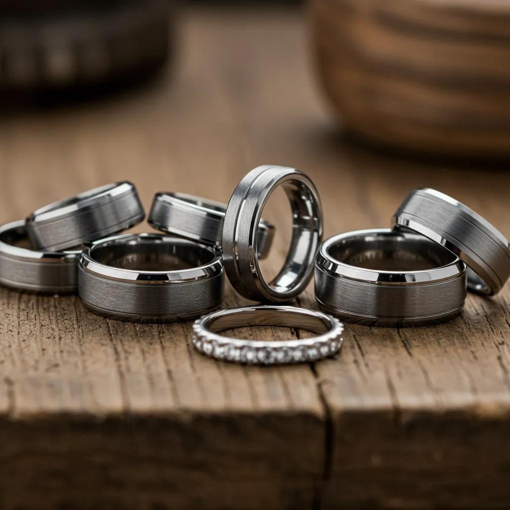 a Close up View of Exceptionally Durable Men's Wedding Bands Fashioned from Tungsten Carbide Titanium and Platinum Displayed on a Rustic Wooden Table