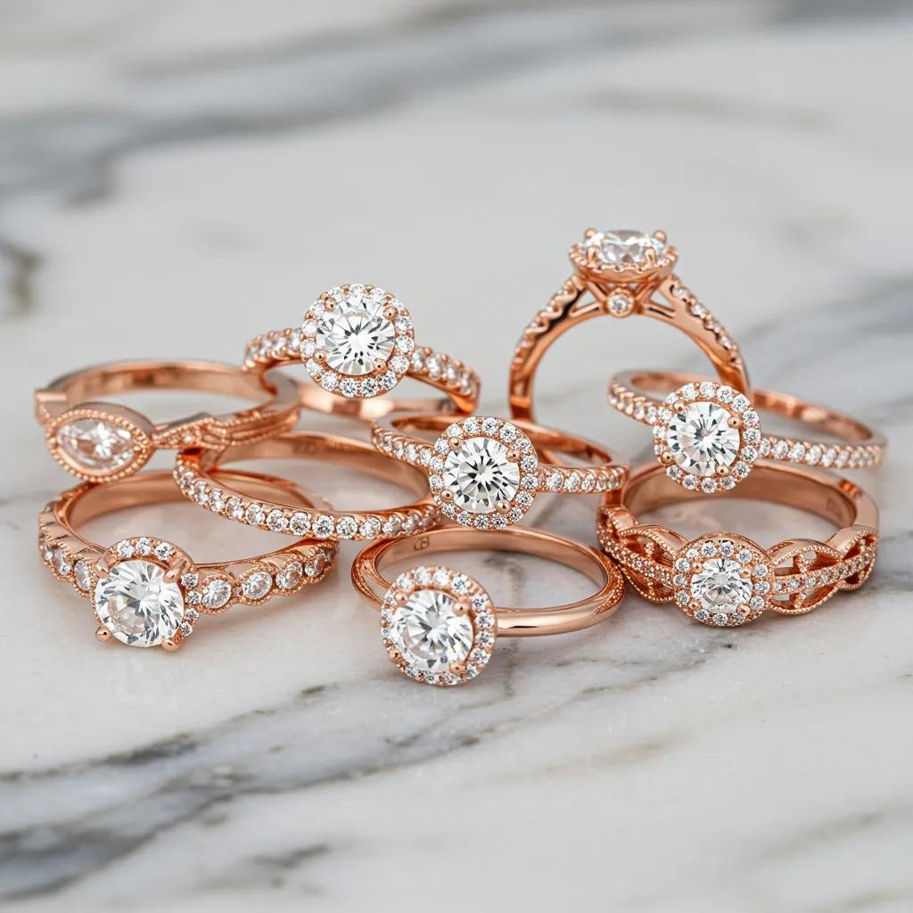 an Intimate View of Popular Rose Gold Engagement Ring Designs Presented on a Sophisticated Marble Surface