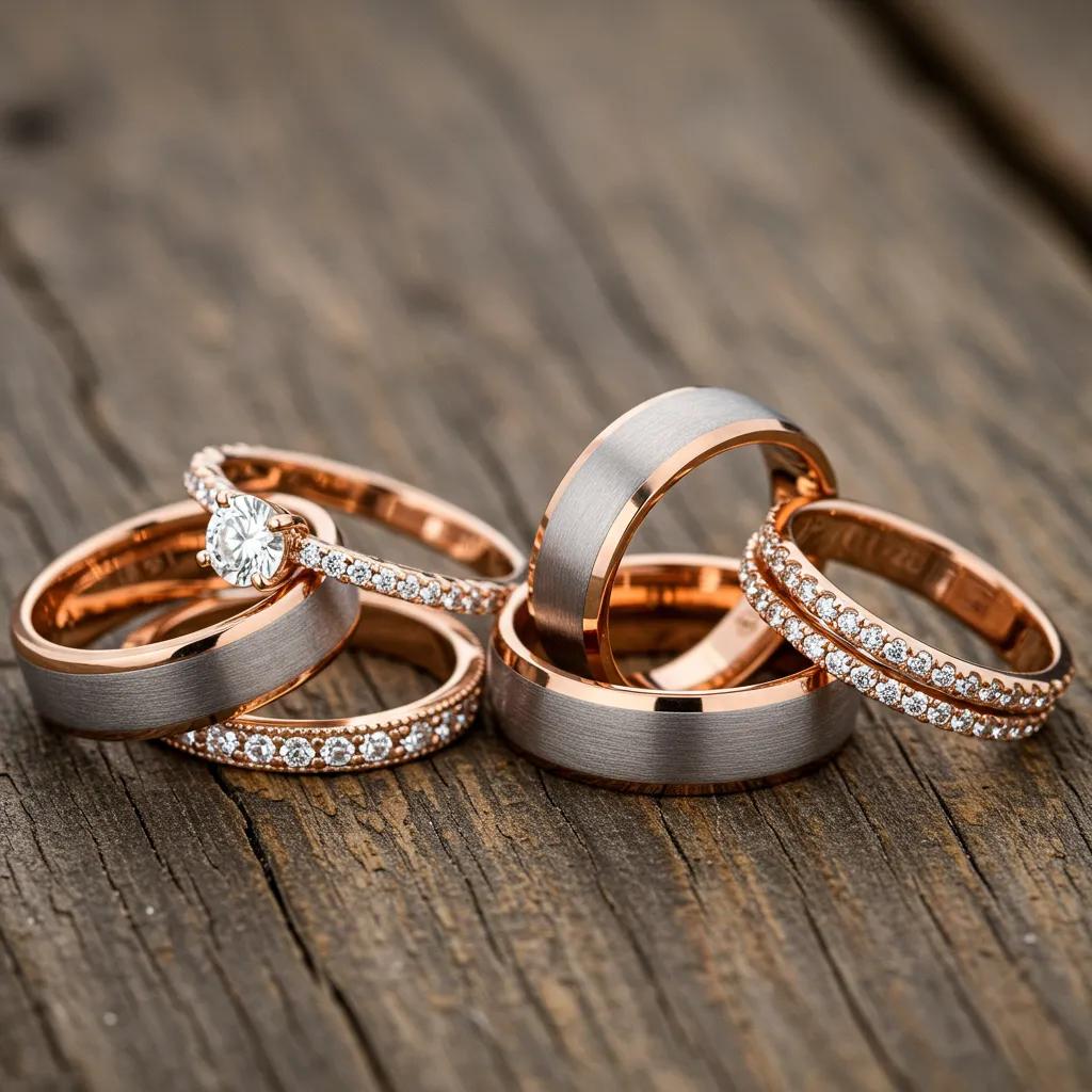 a Close up View of Popular Rose Gold Wedding Band Styles Displayed on a Textured Rustic Wooden Surface