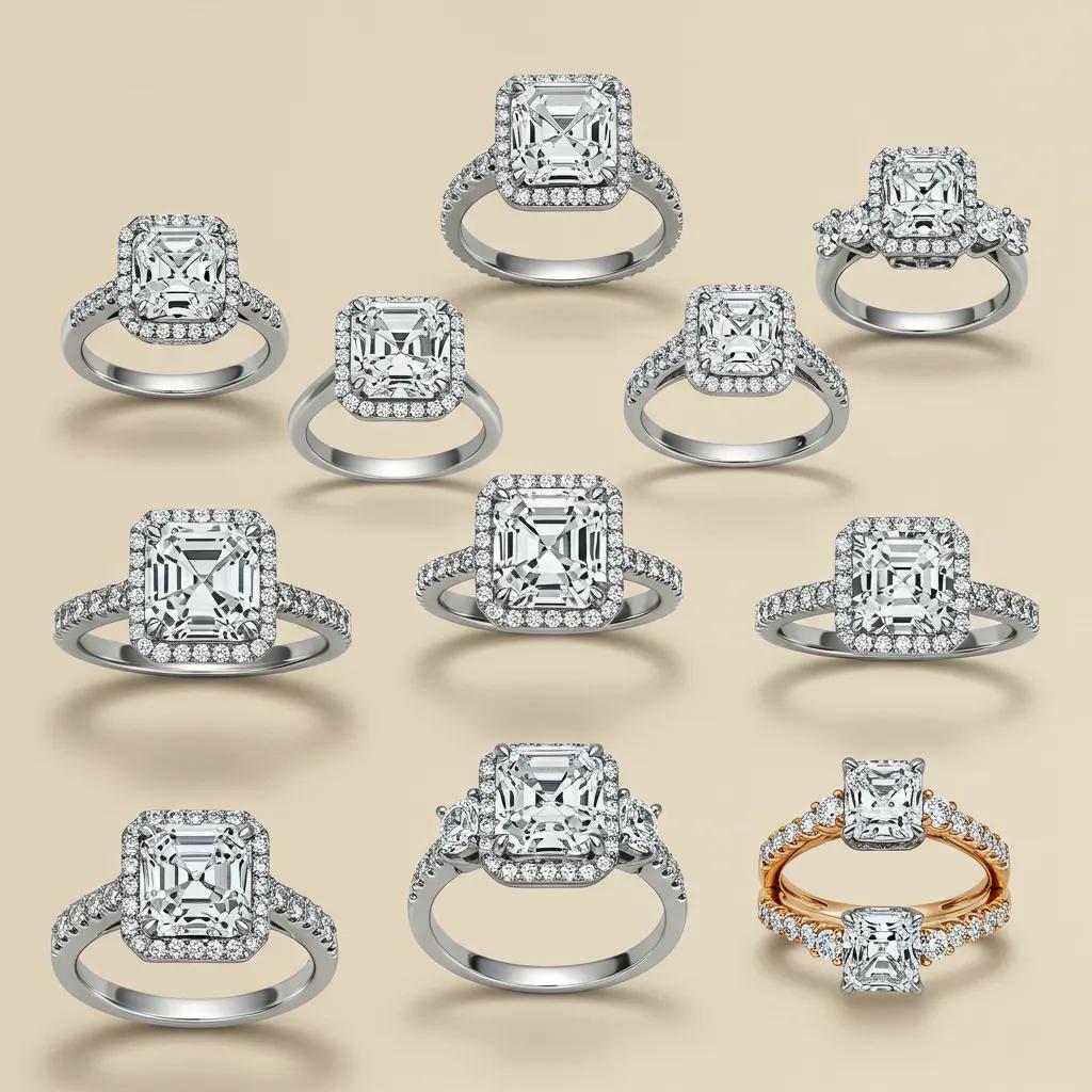 collection-of-asscher-cut-diamond-rings-in-various-elegant-settings-0d874e8e-d041-4fb5-a7e0-71b8050aac60jpg - Australian Diamond Company a Curated Selection of Asscher Cut Diamond Rings Each Presented in a Distinct Elegant Setting